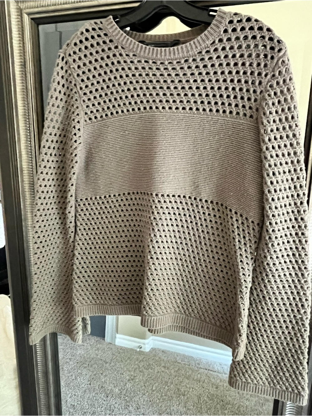 BCBGMaxAzria Open-Knit Oversized Crewneck Sweater in Taupe